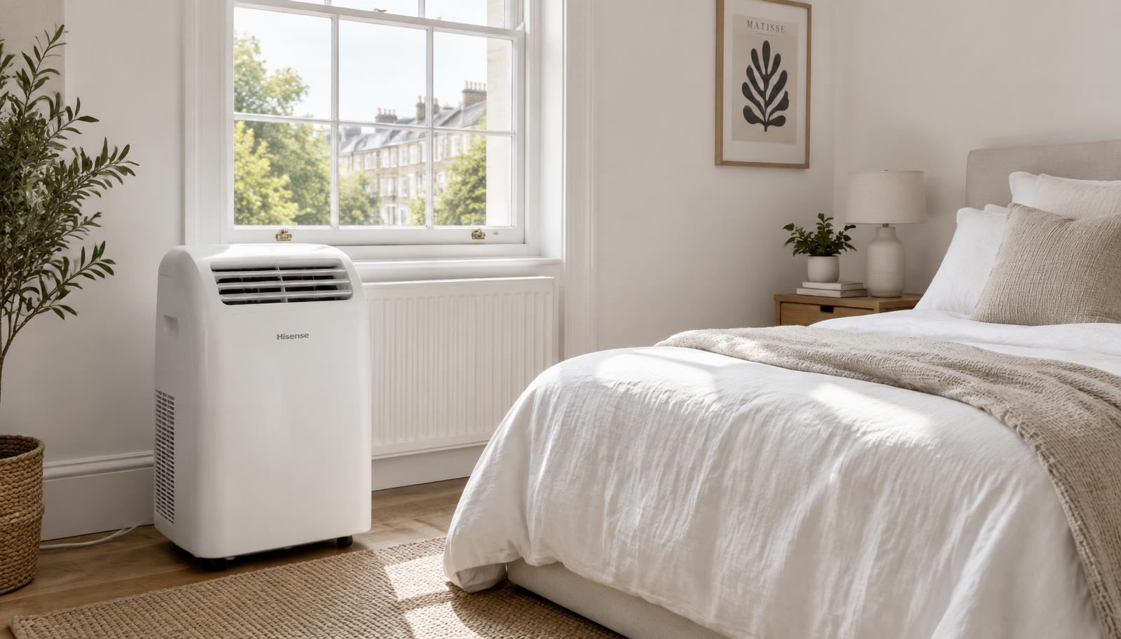 Portable air conditioning unit cooling a bright bedroom in a UK home